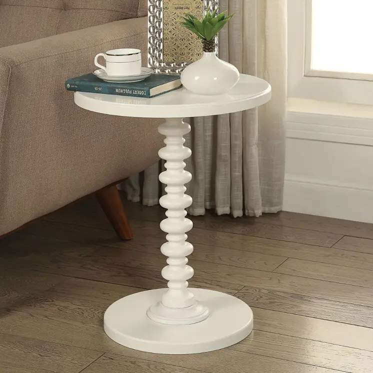 22" White Wood And Solid Wood Round Pedestal End Table