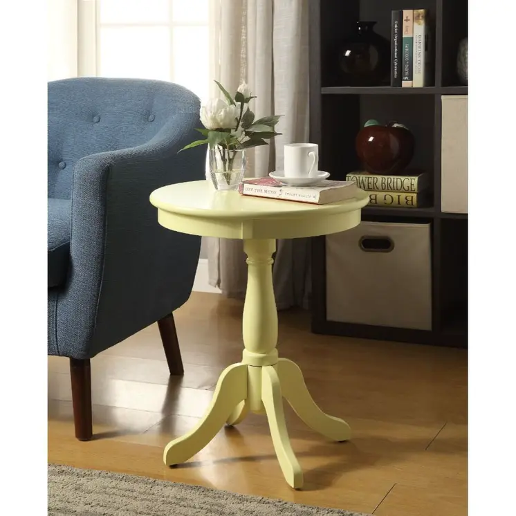 22" Light Yellow Wood Round Pedestal End Table