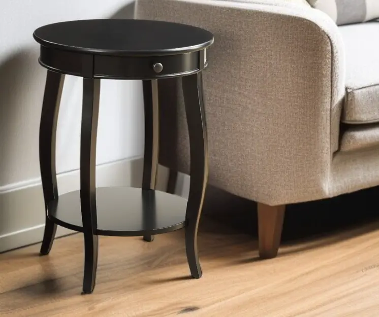 24" Black Solid Wood And Wood Round End Table With Drawer And Shelf