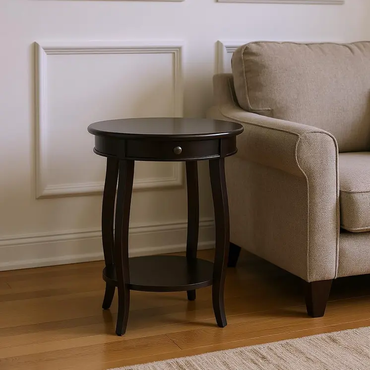 24" Black Wood Round End Table With Drawer And Shelf