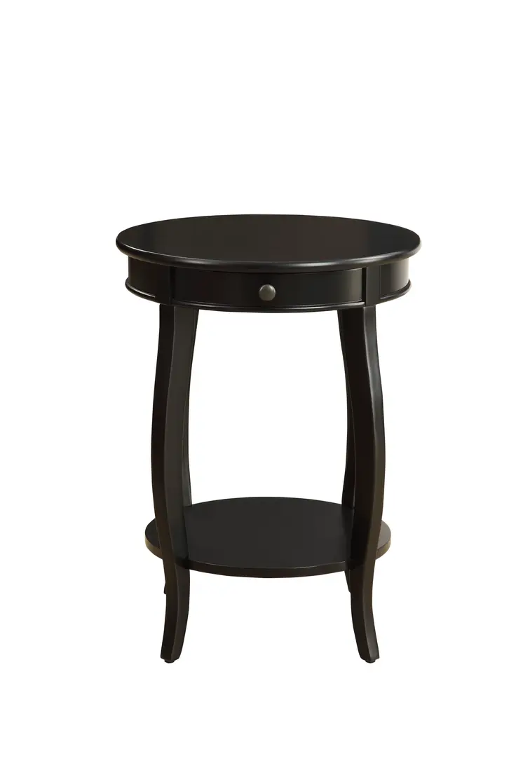 24" Black Solid Wood And Wood Round End Table With Drawer And Shelf