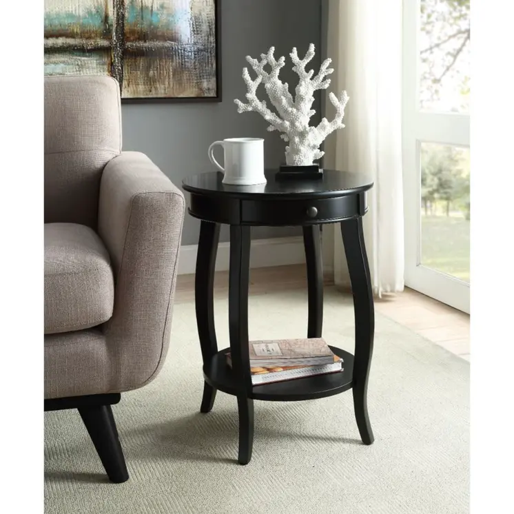 24" Black Solid Wood And Wood Round End Table With Drawer And Shelf