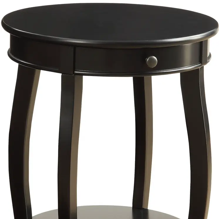 24" Black Solid Wood And Wood Round End Table With Drawer And Shelf