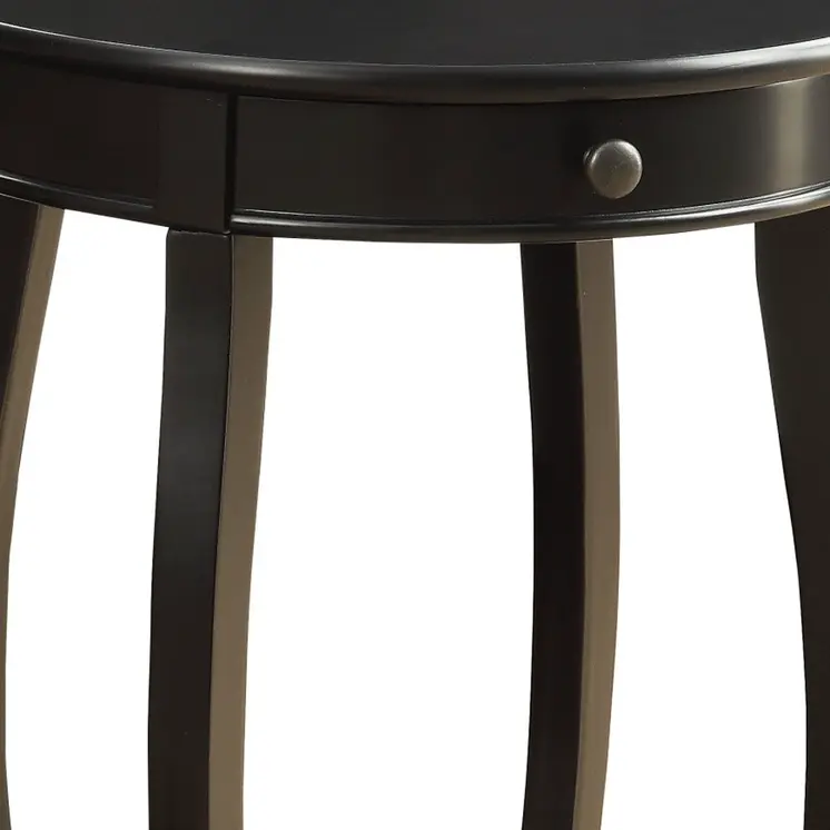 24" Black Solid Wood And Wood Round End Table With Drawer And Shelf