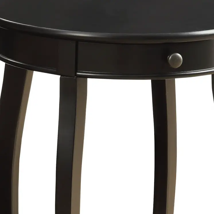 24" Black Solid Wood And Wood Round End Table With Drawer And Shelf