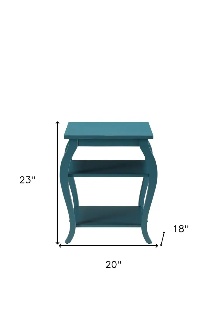 23" Teal Blue Wood Bow Leg End Table With Two Shelves