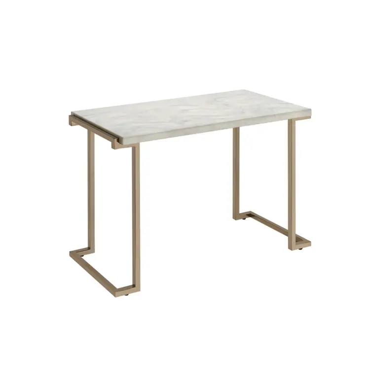 44" White and Gold Faux Marble And Iron Sled Coffee Table