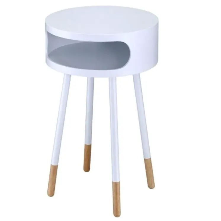 26" White and Natural Solid Wood Round End Table With Shelf