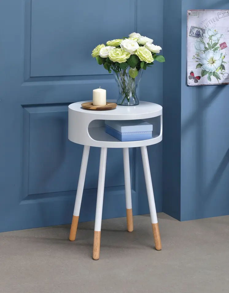 26" White and Natural Solid Wood Round End Table With Shelf