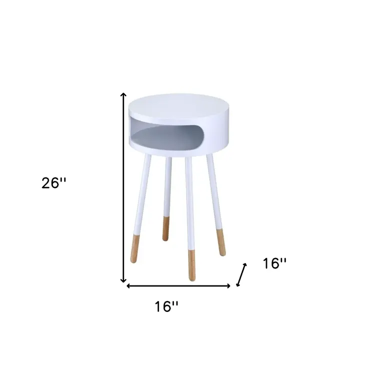 26" White and Natural Solid Wood Round End Table With Shelf