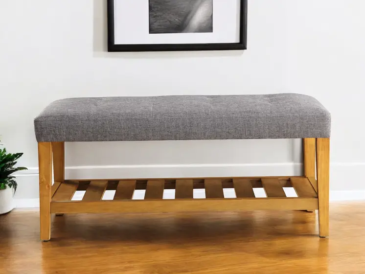 40" Gray and Brown Upholstered Linen Blend Bench with Shelves