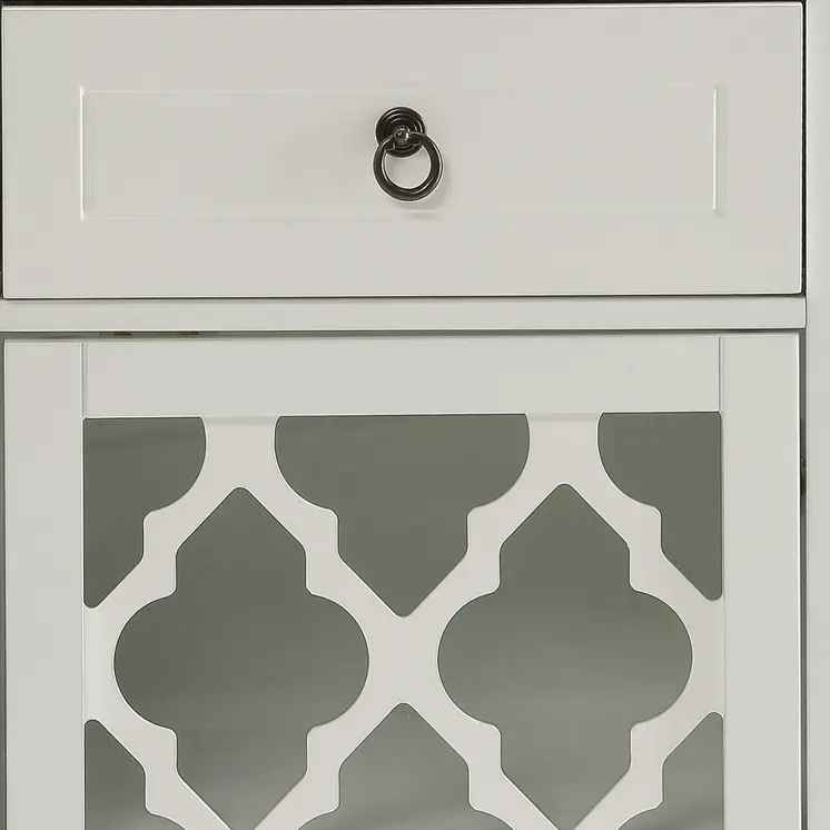 17" White Fret Work Design Glass Door Accent Cabinet
