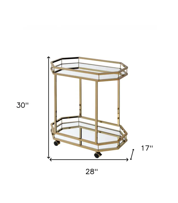 Champagne Finish Metal Serving Cart With 2 Mirror Shelves