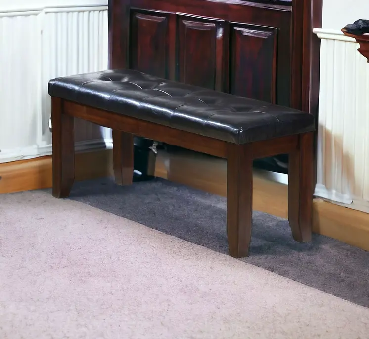 48" Black and Espresso Faux Leather Upholstered Bench