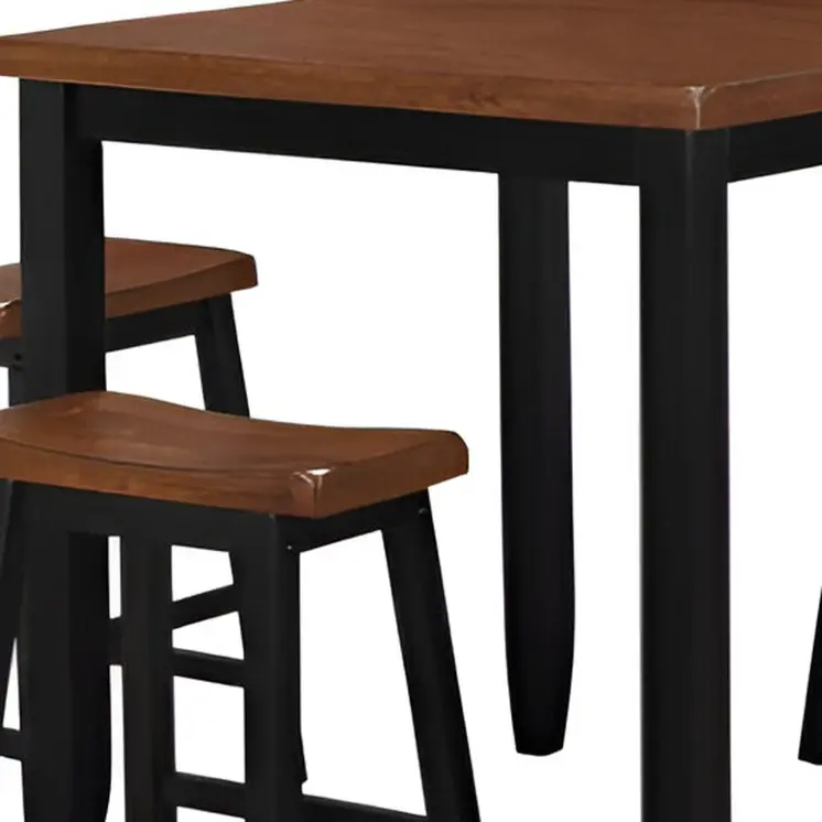 Five Piece Oak and Black Square Solid Wood Dining Set with Four Chairs