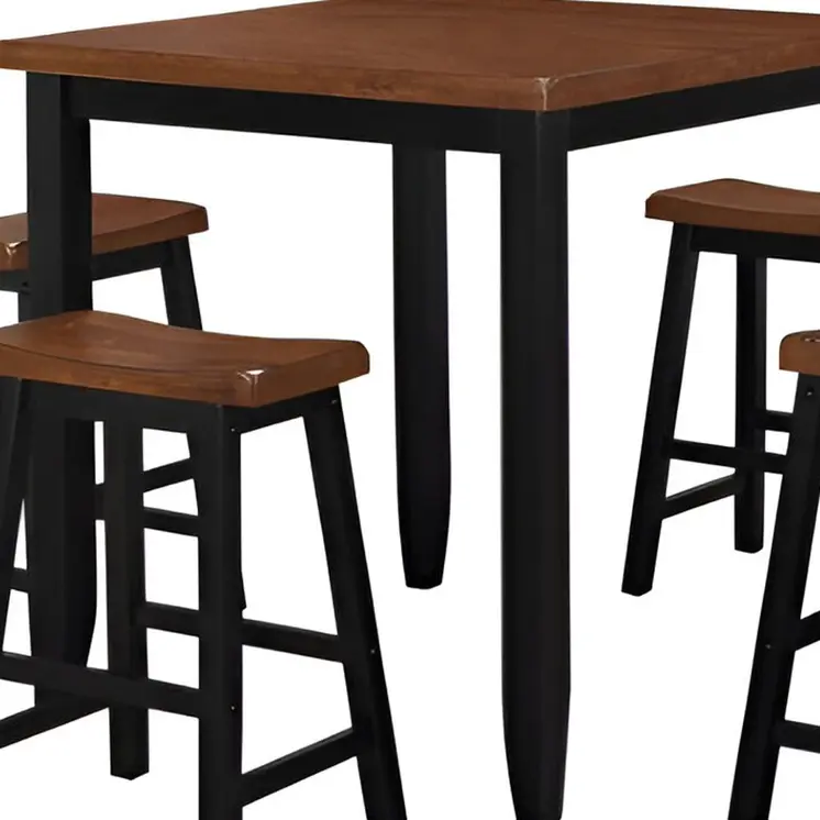 Five Piece Oak and Black Square Solid Wood Dining Set with Four Chairs