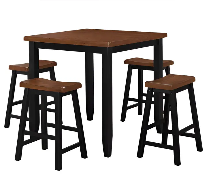Five Piece Oak and Black Square Solid Wood Dining Set with Four Chairs
