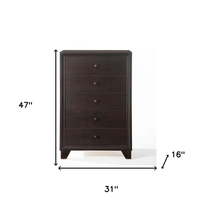 31" Espresso Solid Wood Five Drawer Dresser