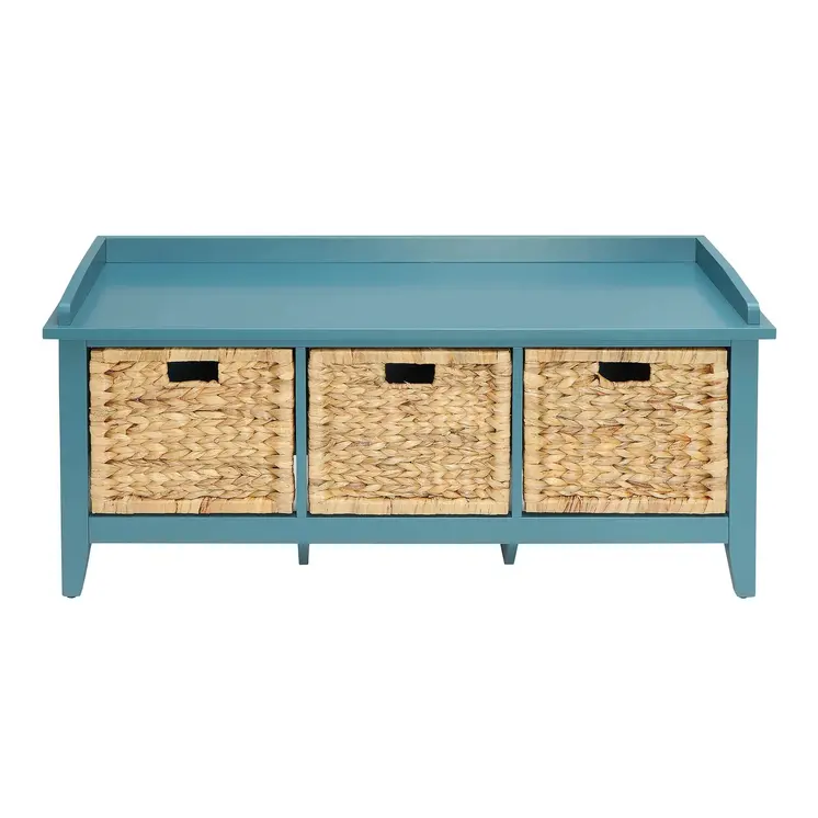 43" Teal Blue Solid Wood Storage Bench with Drawers