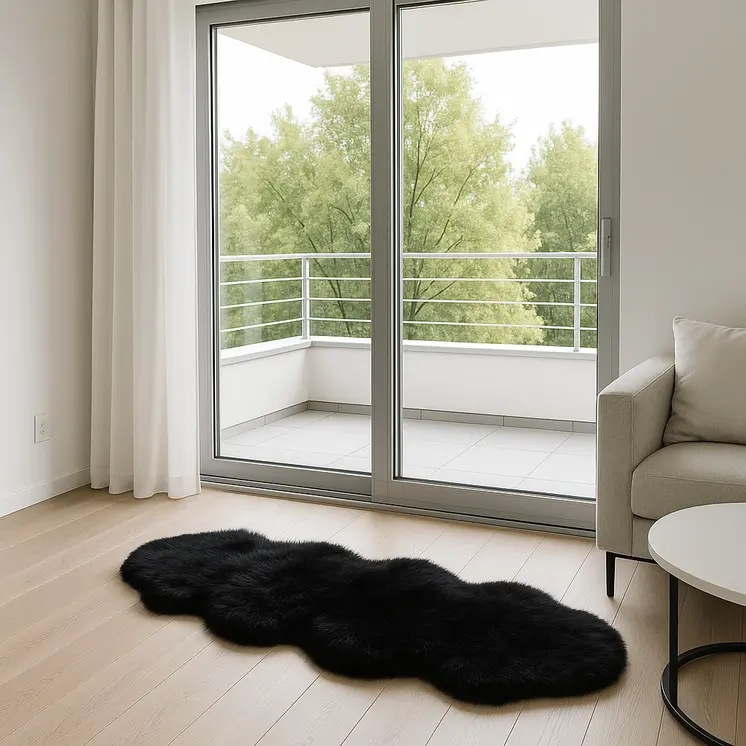 6' Black Genuine Sheepskin Animal Print Shag Area Rug