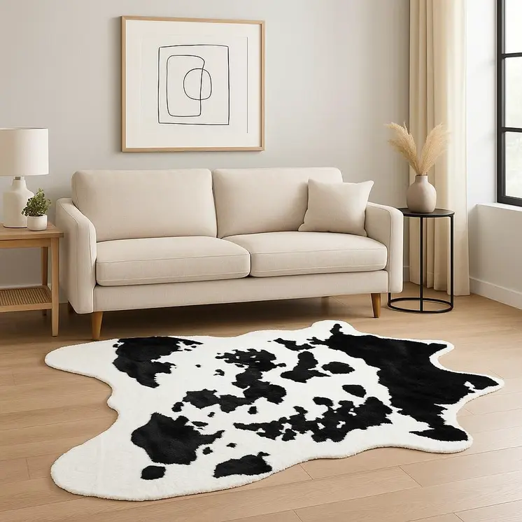 4' X 5' Black And White Faux Cowhide Animal Print Washable Area Rug