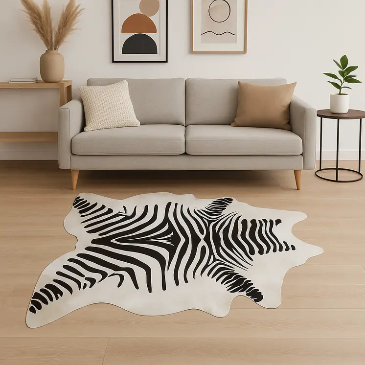 6' X 7' Black And Off White Cowhide Zebra Print Area Rug