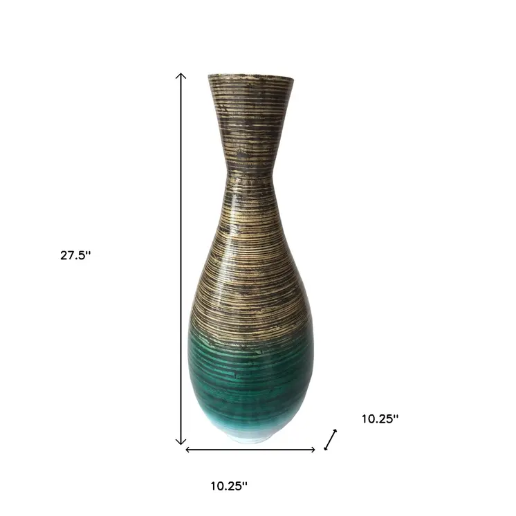 28" Distressed Aqua Spun Bamboo Artisan Floor Vase