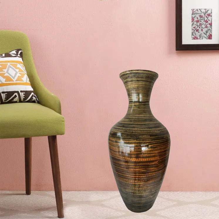 25" Black And Gold Striped Urn Bamboo Floor Vase