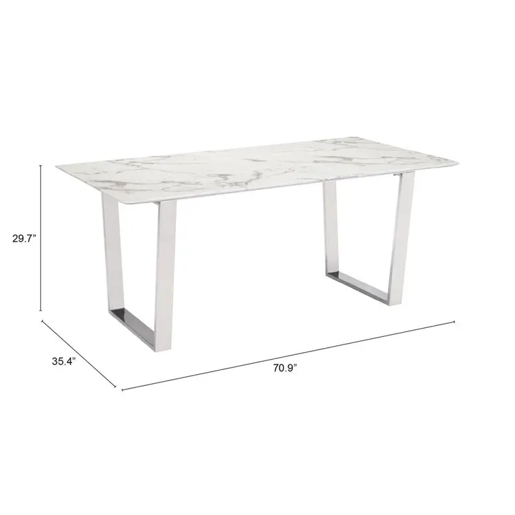 71" White And Silver Marble And Steel Sled Base Dining Table