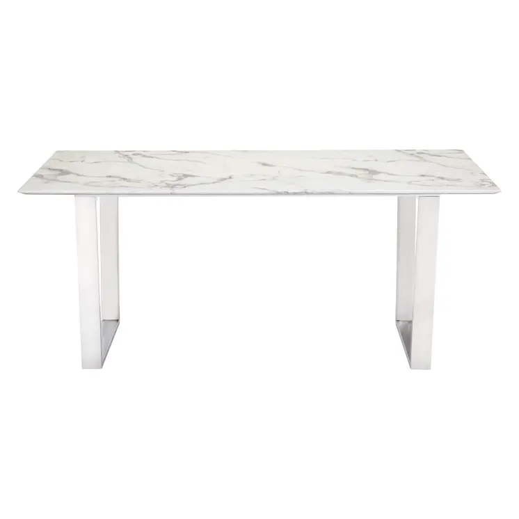 71" White And Silver Marble And Steel Sled Base Dining Table