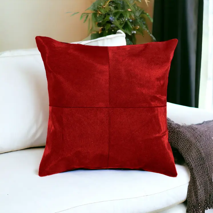 18" Red Cowhide Geometric Throw Pillow