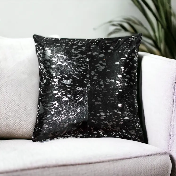 18" Black and Silver Cowhide Throw Pillow