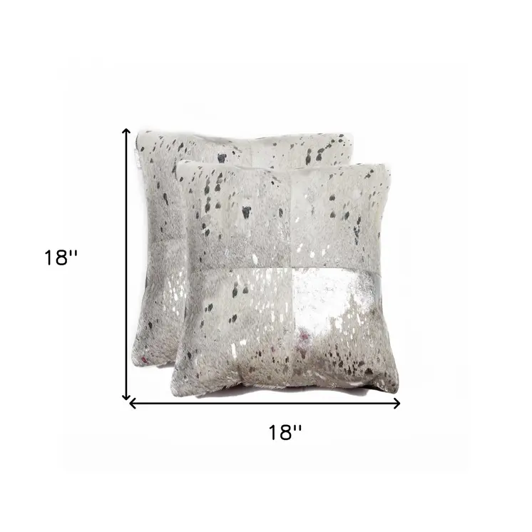 Set of Two Silver and Gray Cowhide Throw Pillow