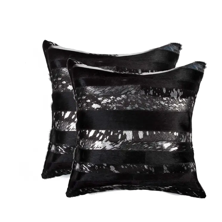 Set of Two 18" Gold and Black Cowhide Throw Pillows
