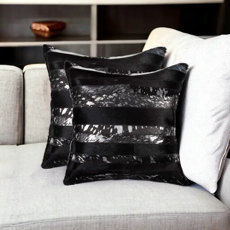 Set of Two 18" Gold and Black Cowhide Throw Pillows