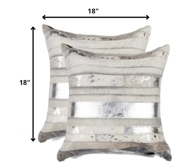 Set of Two 18" Silver And Gray Cowhide Throw Pillows