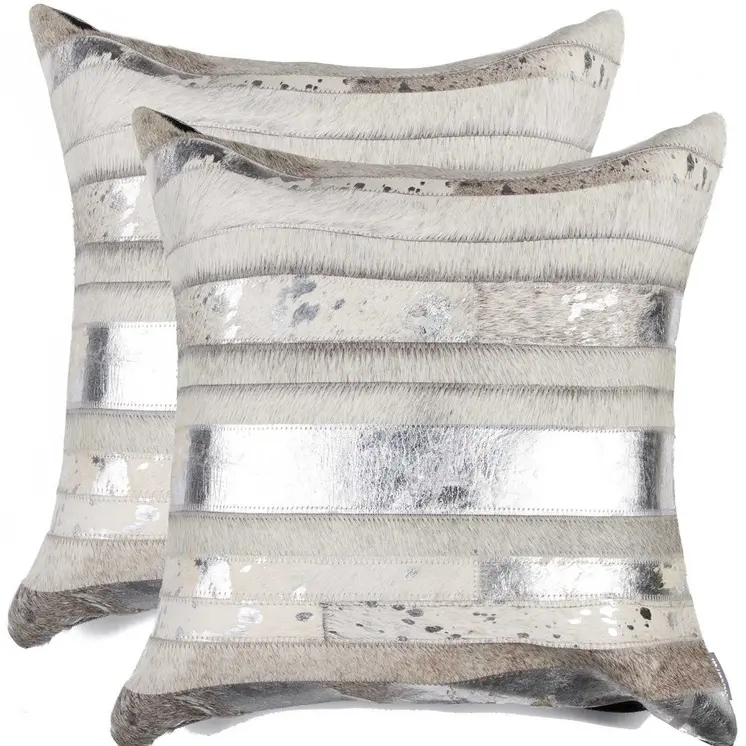 Set of Two 18" Silver And Gray Cowhide Throw Pillows