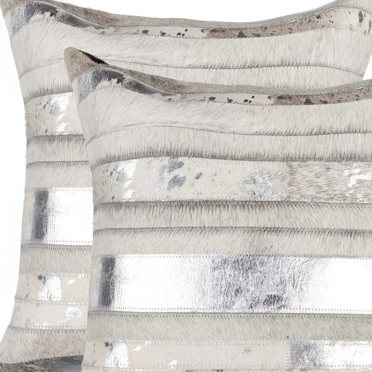 Set of Two 18" Silver And Gray Cowhide Throw Pillows