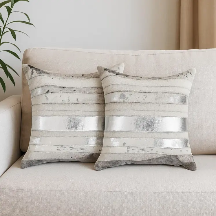 Set of Two 18" Silver And Gray Cowhide Throw Pillows