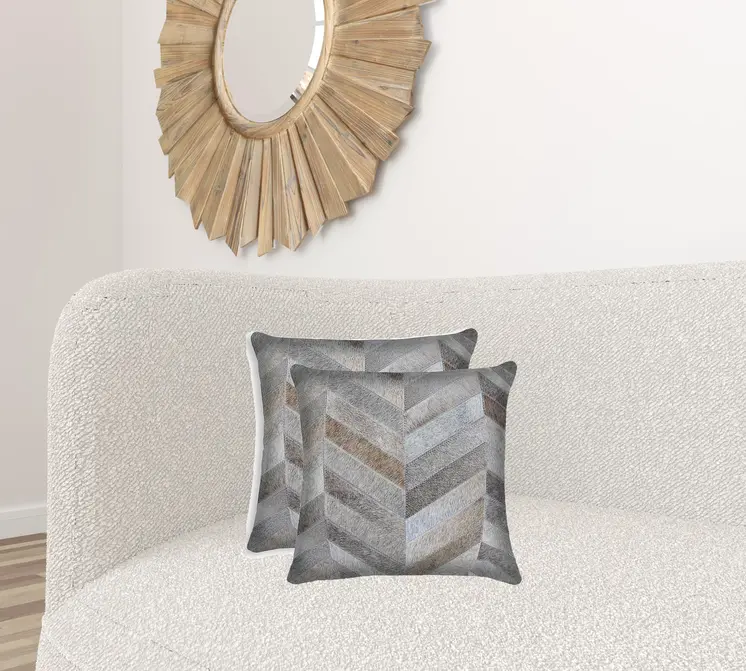 Set of Two 18" Gray Cowhide Chevron Throw Pillows