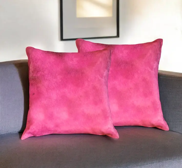 Set of Two 18" Fuchsia Cowhide Throw Pillows