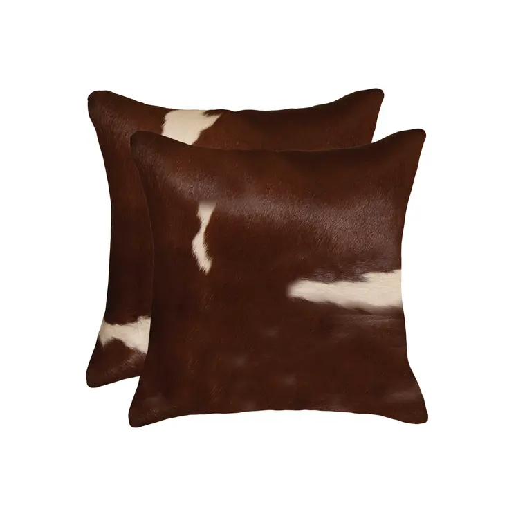 Set of Two 18" Brown And White Cowhide Throw Pillows
