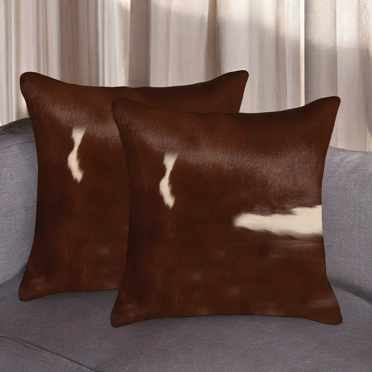 Set of Two 18" Brown And White Cowhide Throw Pillows