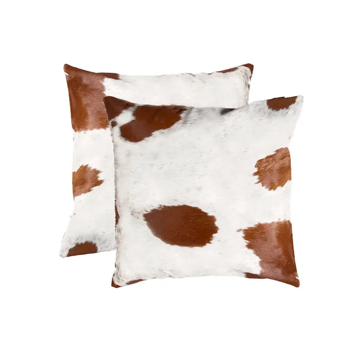 Set of Two 18" Brown And White Cowhide Throw Pillows