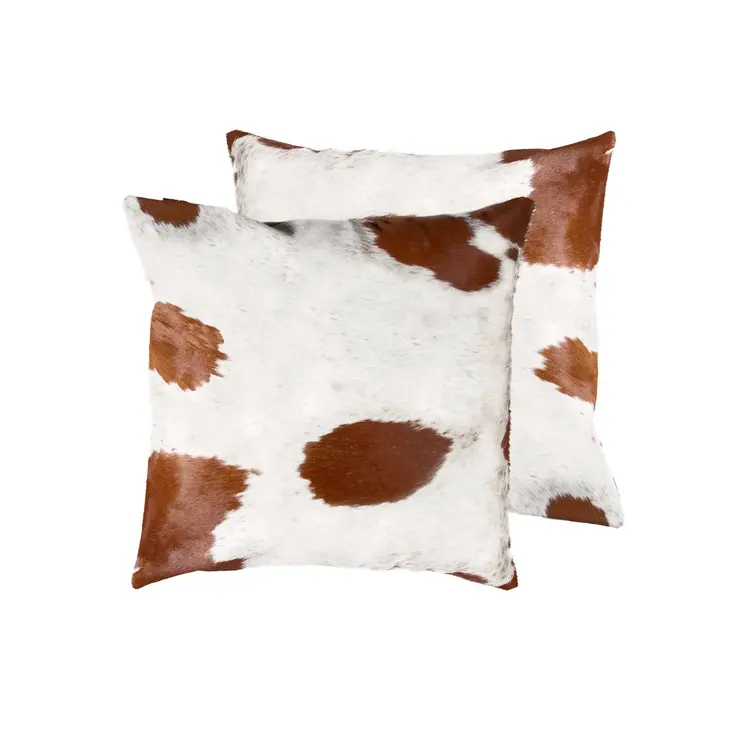 Set of Two 18" Brown And White Cowhide Throw Pillows