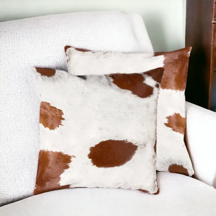 Set of Two 18" Brown And White Cowhide Throw Pillows