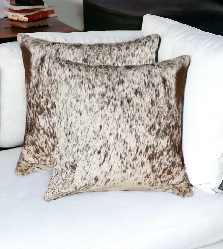 Set of Two 18" Brown and White Cowhide Throw Pillows