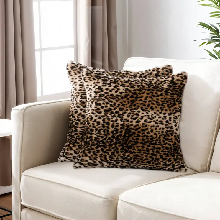 Set of Two 18" Black and Orange Faux Fur Throw Pillow