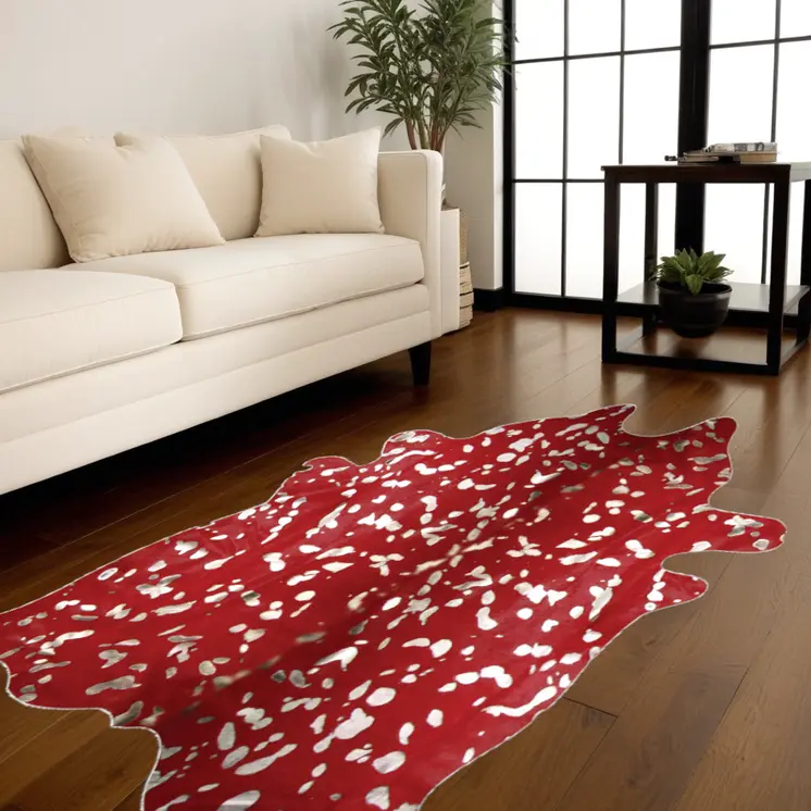 6' X 7' Red And Silver Cowhide Area Rug