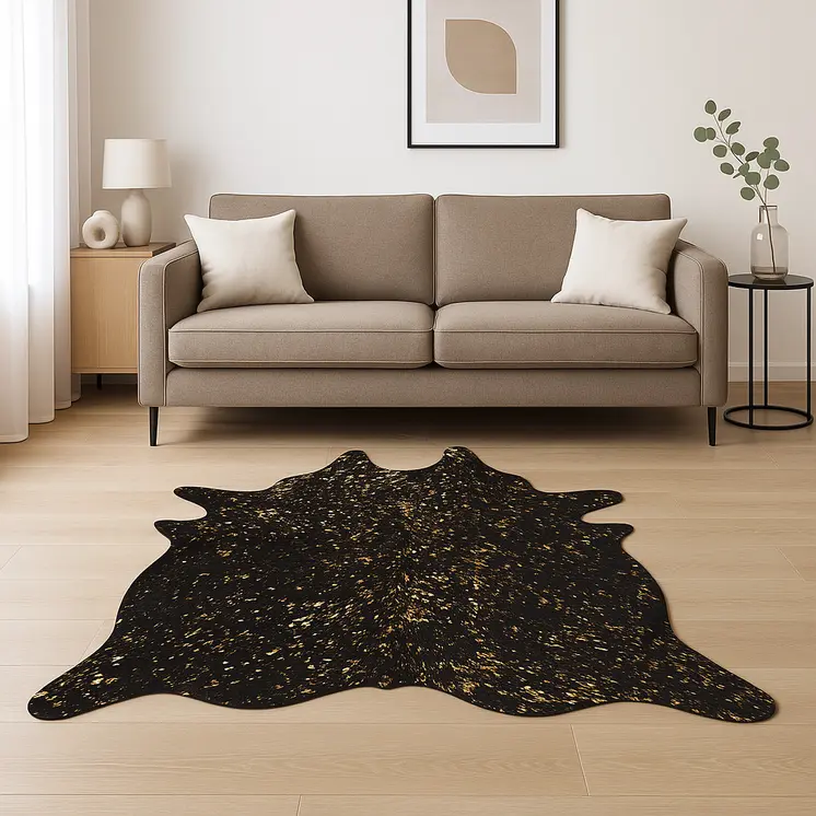 5' X 7' Black And Gold Cowhide Cowhide Print Area Rug